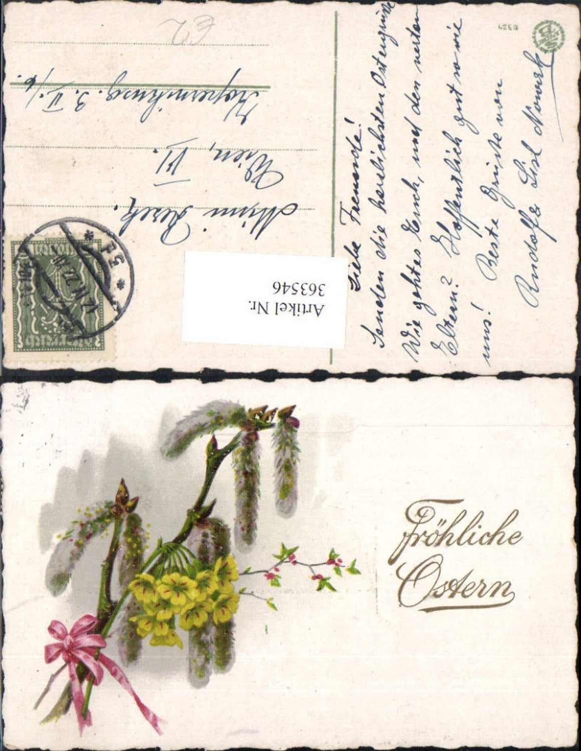 363546,Künstler Ak Ostern Weidenkätzchen Schlüsselblume Blumen Schleife Goldschrift