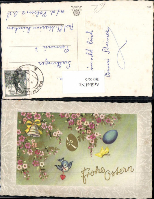 363555, Artist Ak Easter Bird Bell Butterfly Eggs Easter Eggs Flowering Branches Gold Lettering