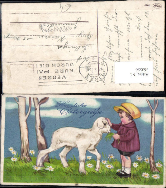 363556, Artist AK Easter Child petting lamb Trees Flower meadow Flowers