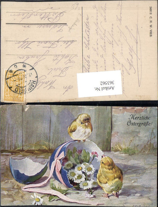 363562, Artist Ak E. Reckziegel Easter Broken Easter Egg Egg Chick Daisies Flowers