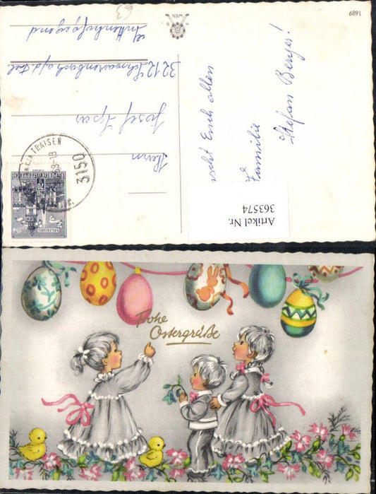 363574, Artist Ak Easter Children Chicks Garland Easter Eggs Eggs Flowers