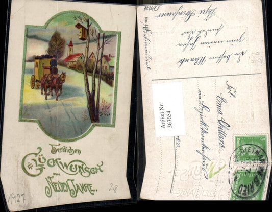 363654,Künstler Ak Neujahr Kutsche Postkutsche Winterdorf Passepartout
