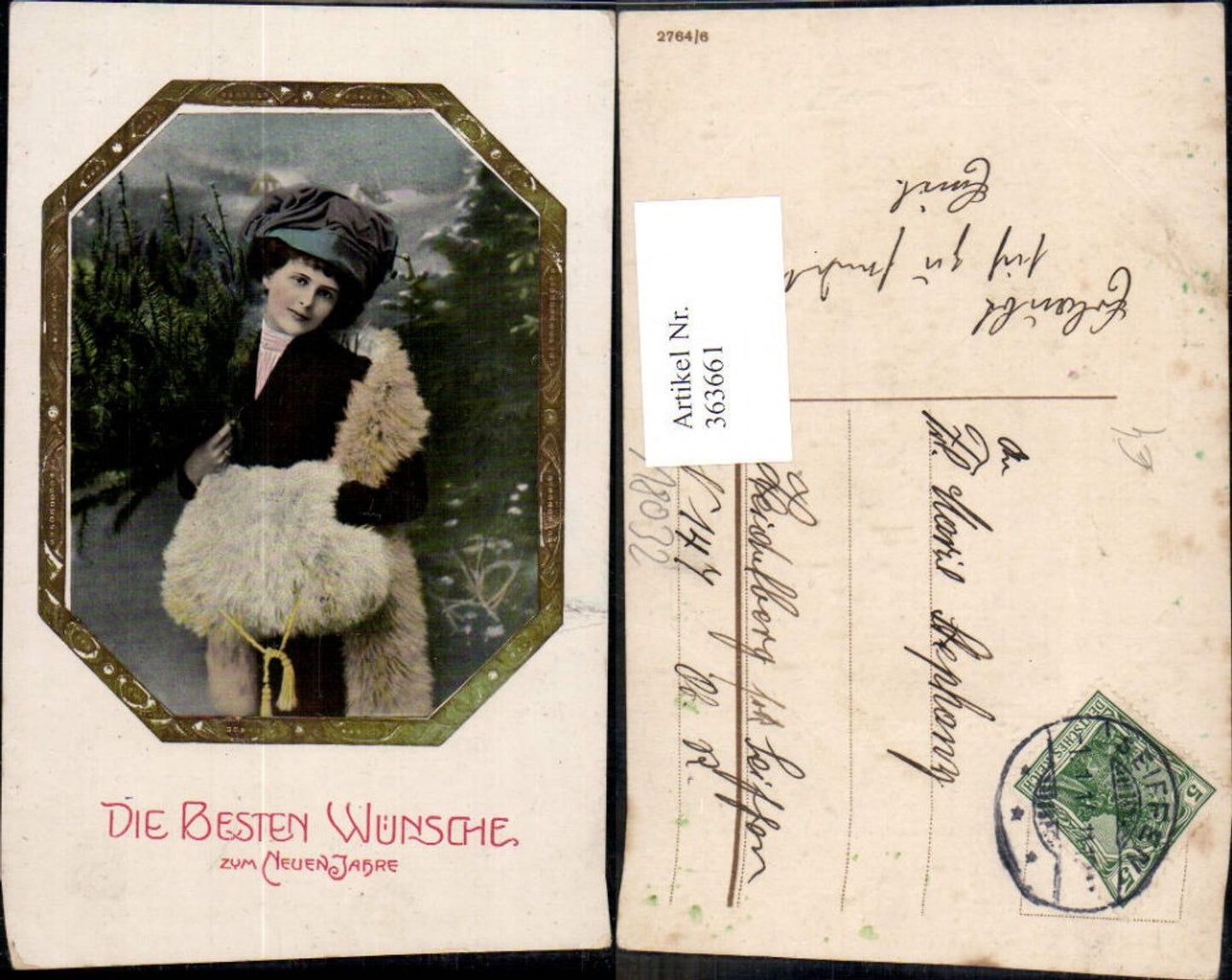 363661,Neujahr Frau Hut Pelz Pelzmode Muff Stola Winterlandschaft Tannenbaum Passpartout