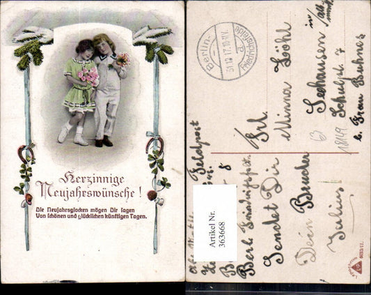 363668,Neujahr Kinder Uniform Matrosenanzug Blumenstrauß Tannenzweig Hufeisen Schleife Spruch
