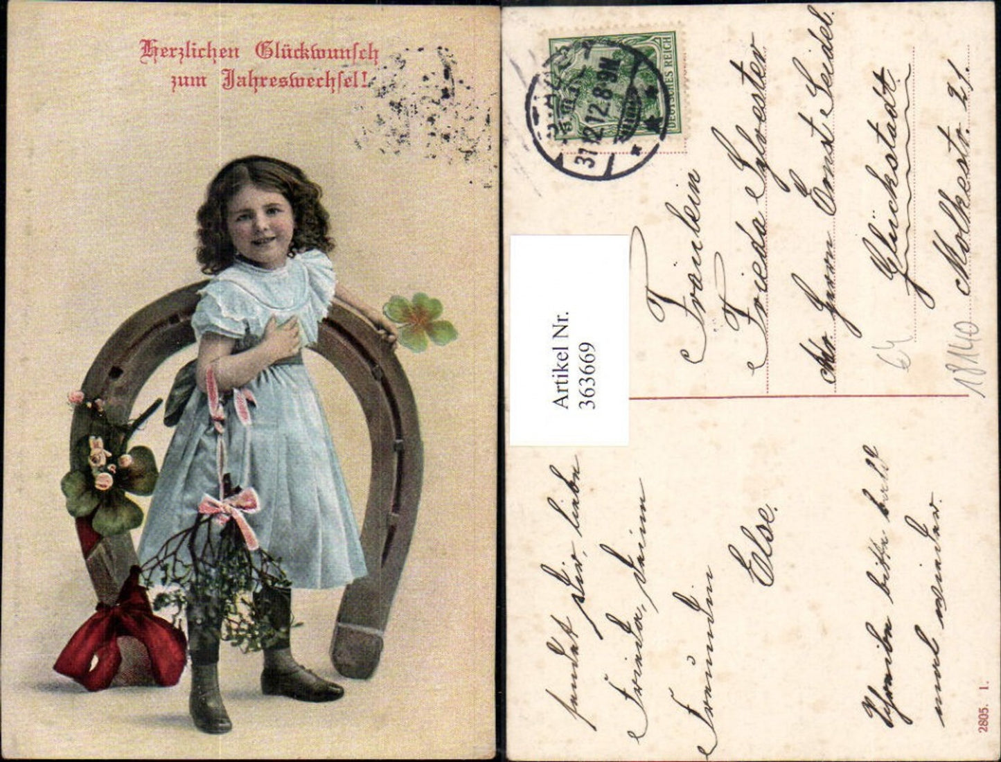 363669,Neujahr Mädchen m. Hufeisen Mistelzweig Schleife Klee Kleeblatt