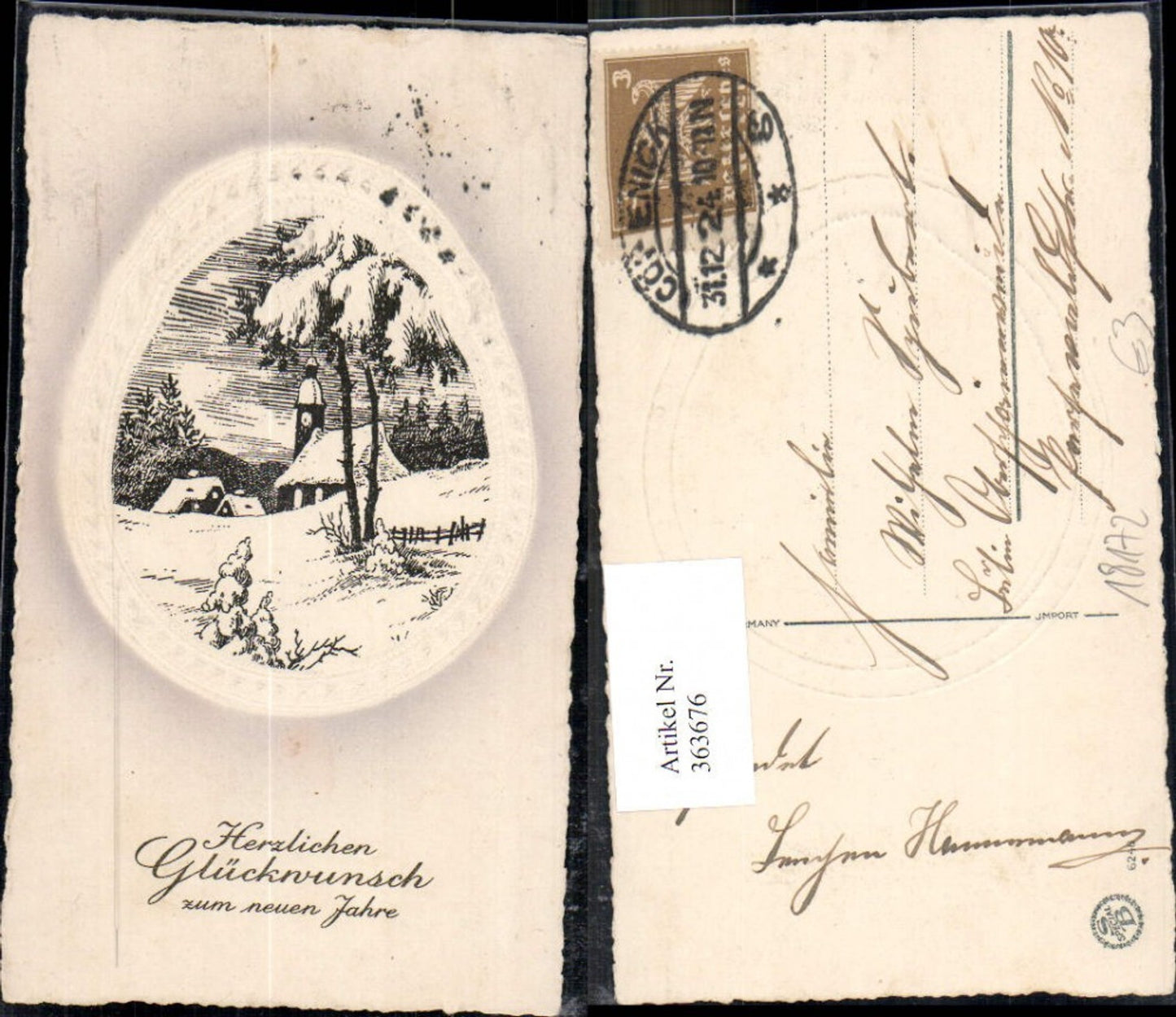363676,Künstler Ak Neujahr Kirche Winterlandschaft Präge Passepartout