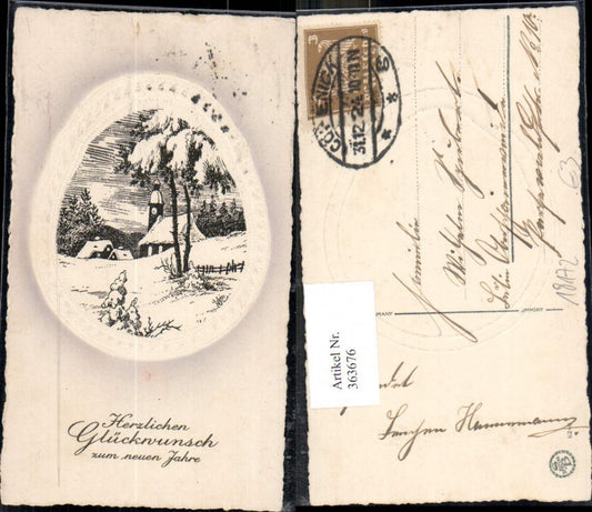 363676,Künstler Ak Neujahr Kirche Winterlandschaft Präge Passepartout