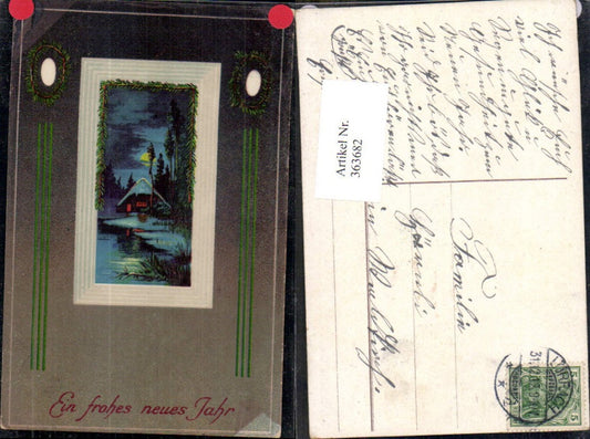 363682,Künstler Ak Neujahr Haus Winterlandschaft b. Mondschein Passepartout Tannenkranz