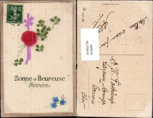 363689,Präge Litho Neujahr Siegel Schleife Klee Kleeblätter Blumen