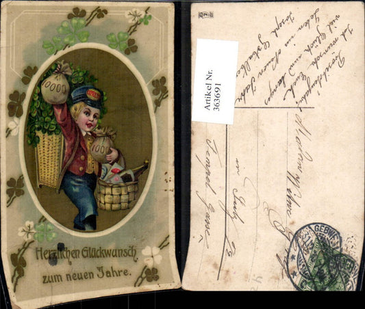363691,Künstler Ak Neujahr Postbote Express a. Hut Geldsack Korb Sektflasche Klee Kleeblätter