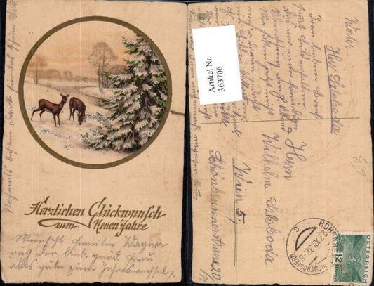 363706,Präge Künstler Ak Neujahr Rehe Wild Winterwald Passepartout Goldschrift