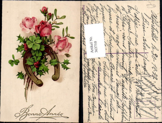 363710,Künstler Ak Neujahr Hufeisen Rose Blume Klee Kleeblätter Stechpalmenzweig