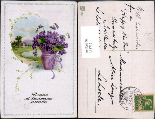 363715,Künstler Ak Neujahr Haus Landschaft Topf m. Veilchen Blumen