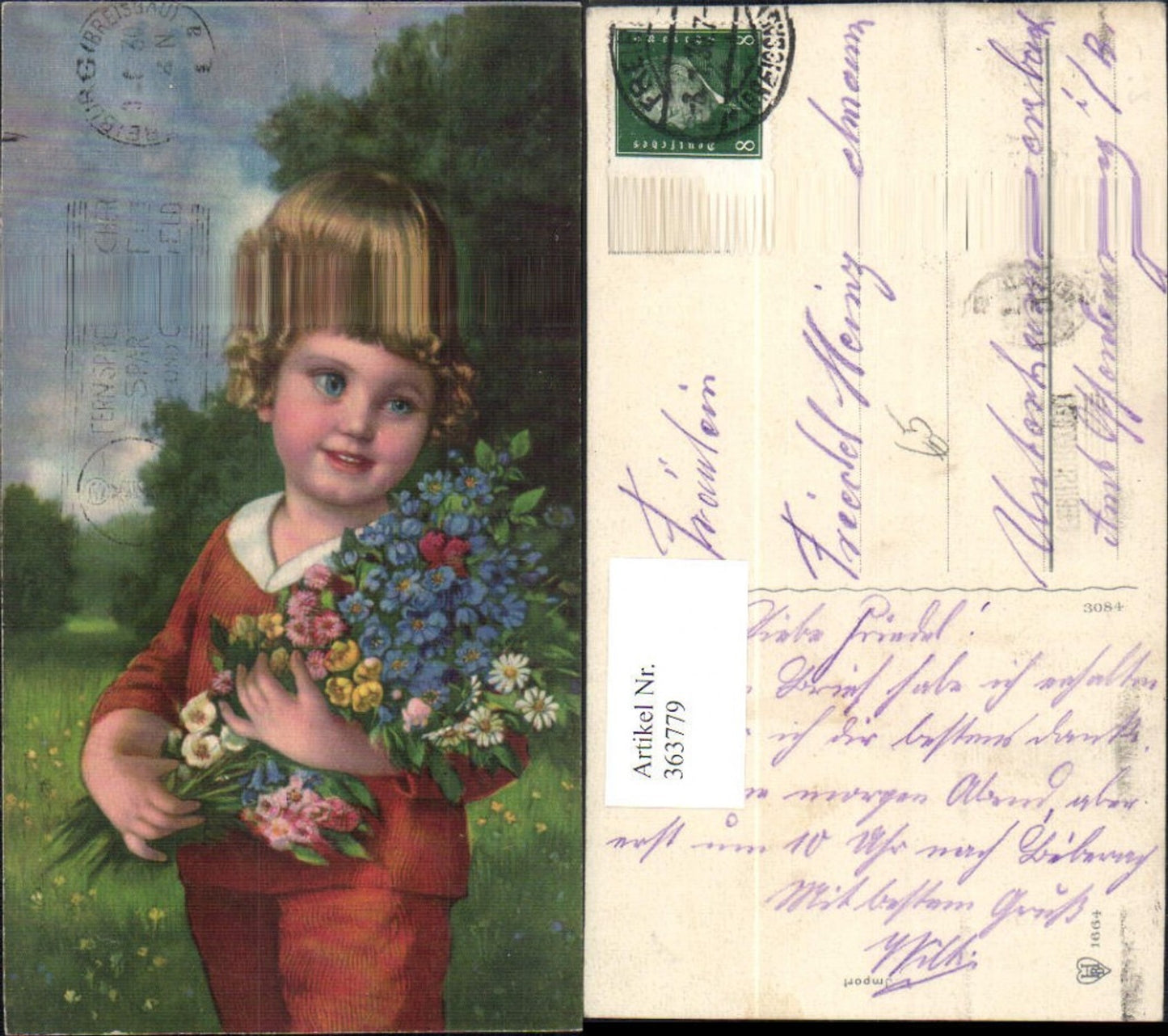 363779, Artist Ak Child Boy with bouquet of flowers