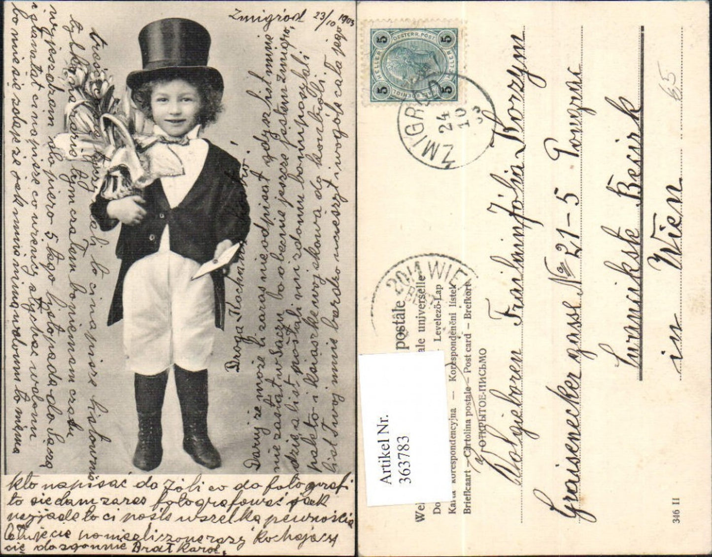 363783,Kind Bub Junge Frack Zylinder Hut Blumenstrauß Kuvert Brief i. Hand