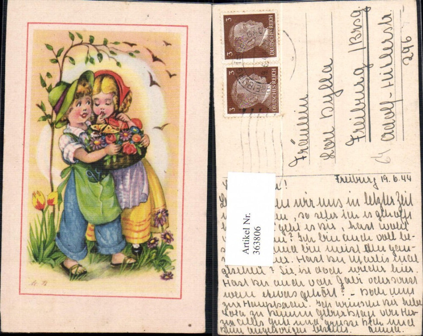 363806,Künstler Ak Kinder Hut Umarmung Korb m. Blumen Vögel