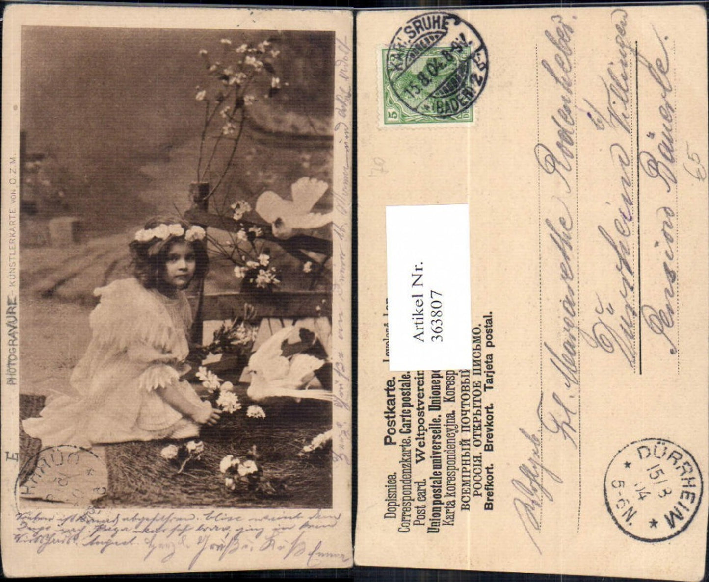 363807,Kind Mädchen Lockenkopf m. Blumen i. Haar Tauben Blumen