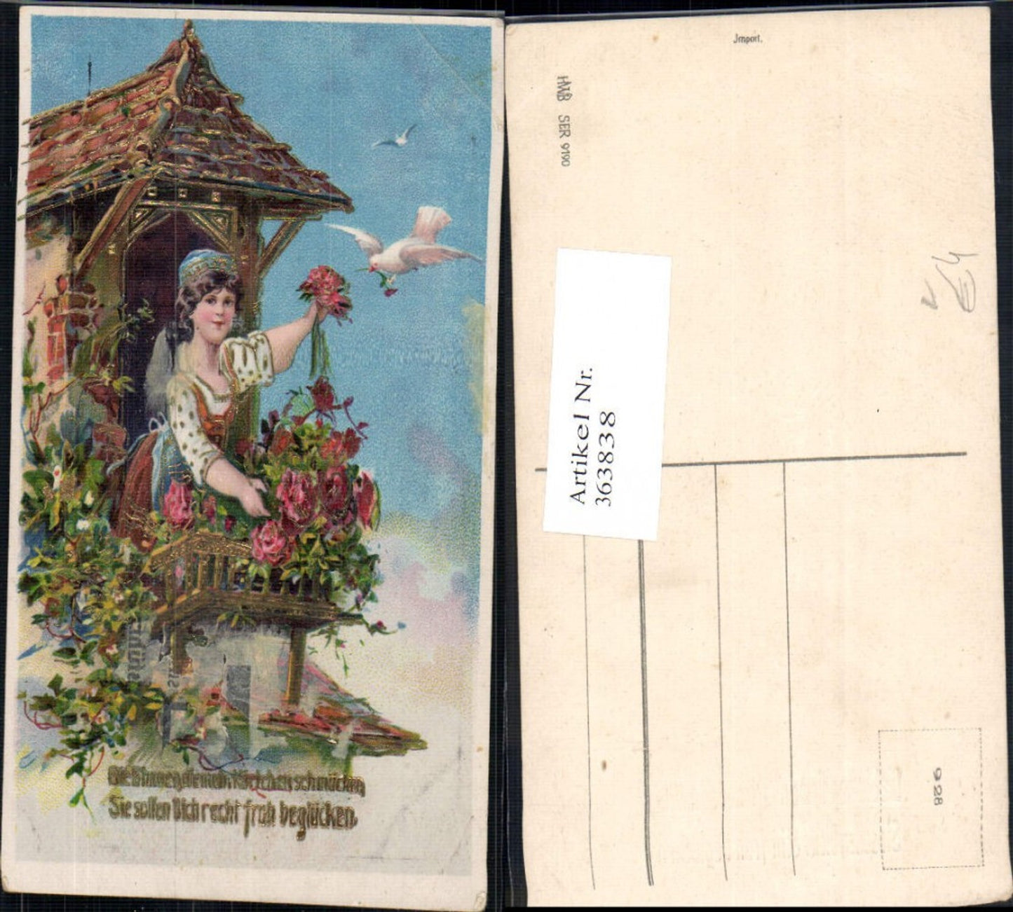 363838,Künstler Ak Kind Mädchen a. Balkon Taube Rosen Blumen Goldverzierung Spruch pub HWB 9190