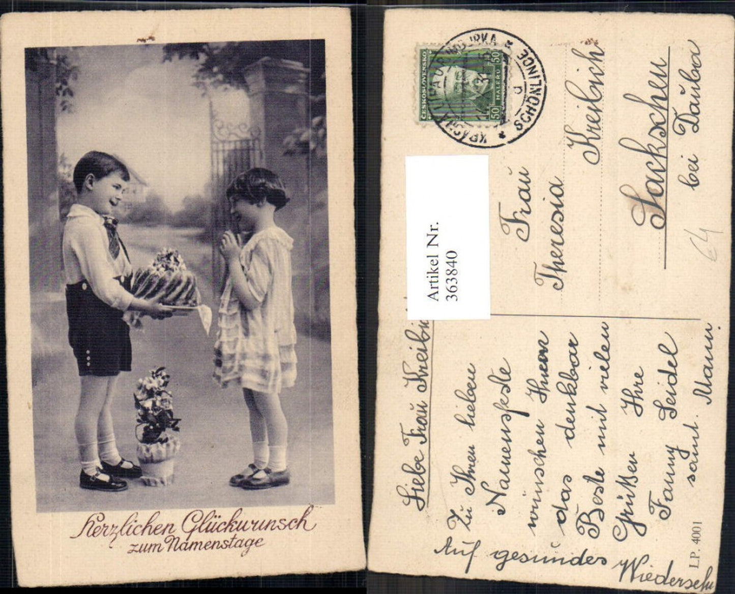363840,Kinder m. Kuchen Guglhupf Blumentopf Namenstag