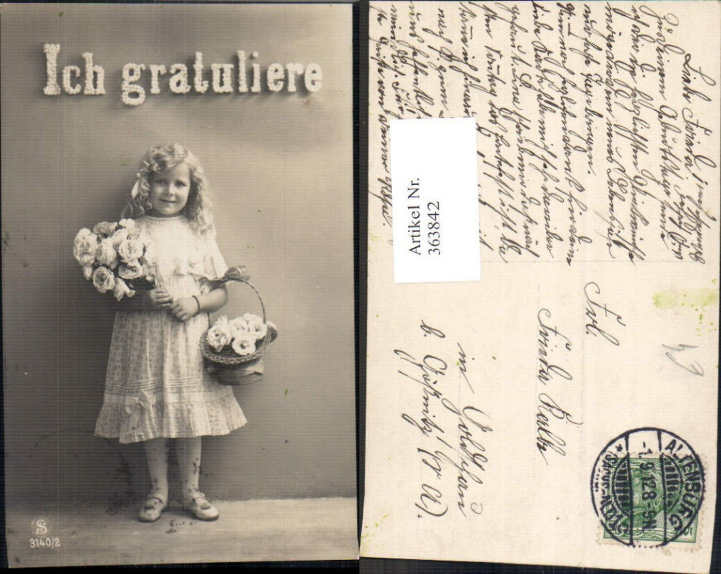 363842, Photo Ak Child Girl Curly Hair Basket Flowers Roses Writing a. Flowers I congratulate