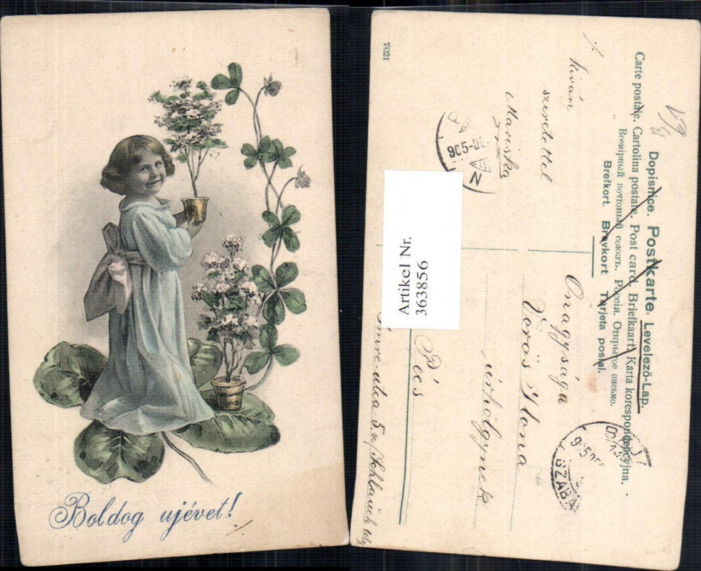 363856,Kind Mädchen m. Blumentopf Klee Kleeblatt Boldog ujevet