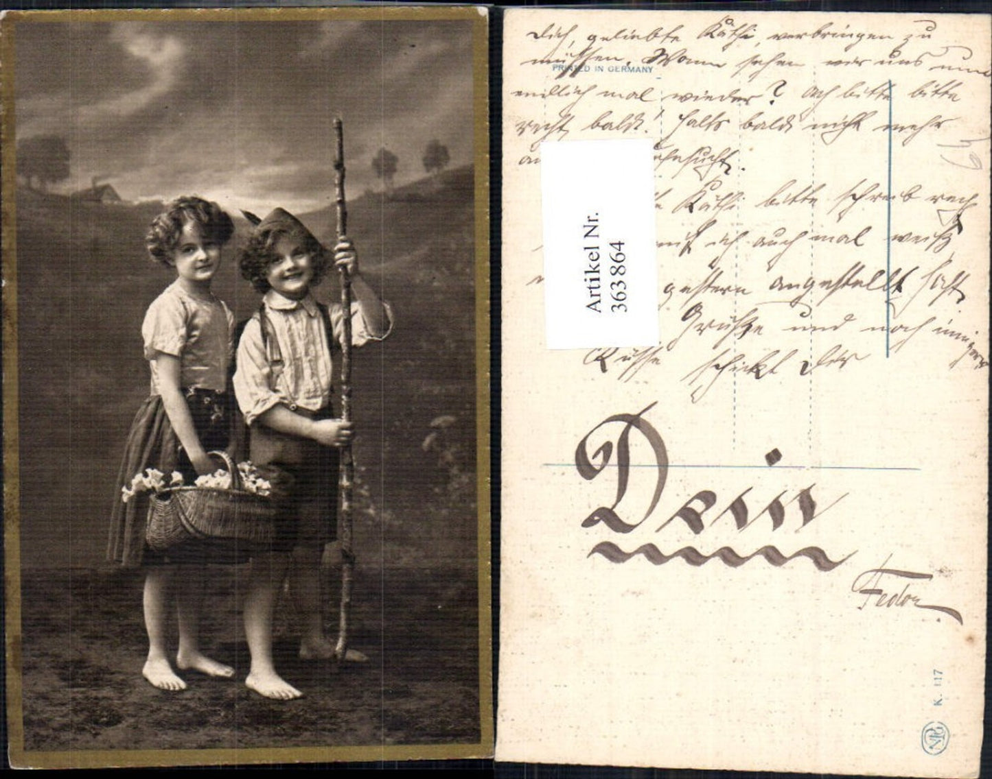 363864,Kinder i. Tracht Gehstock Wanderstock Korb Blumen Landschaft