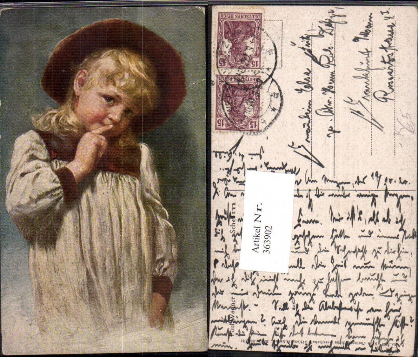 363902,Künstler Ak Paul Wagner Schelm Kind Blondes Mädchen m. Hut