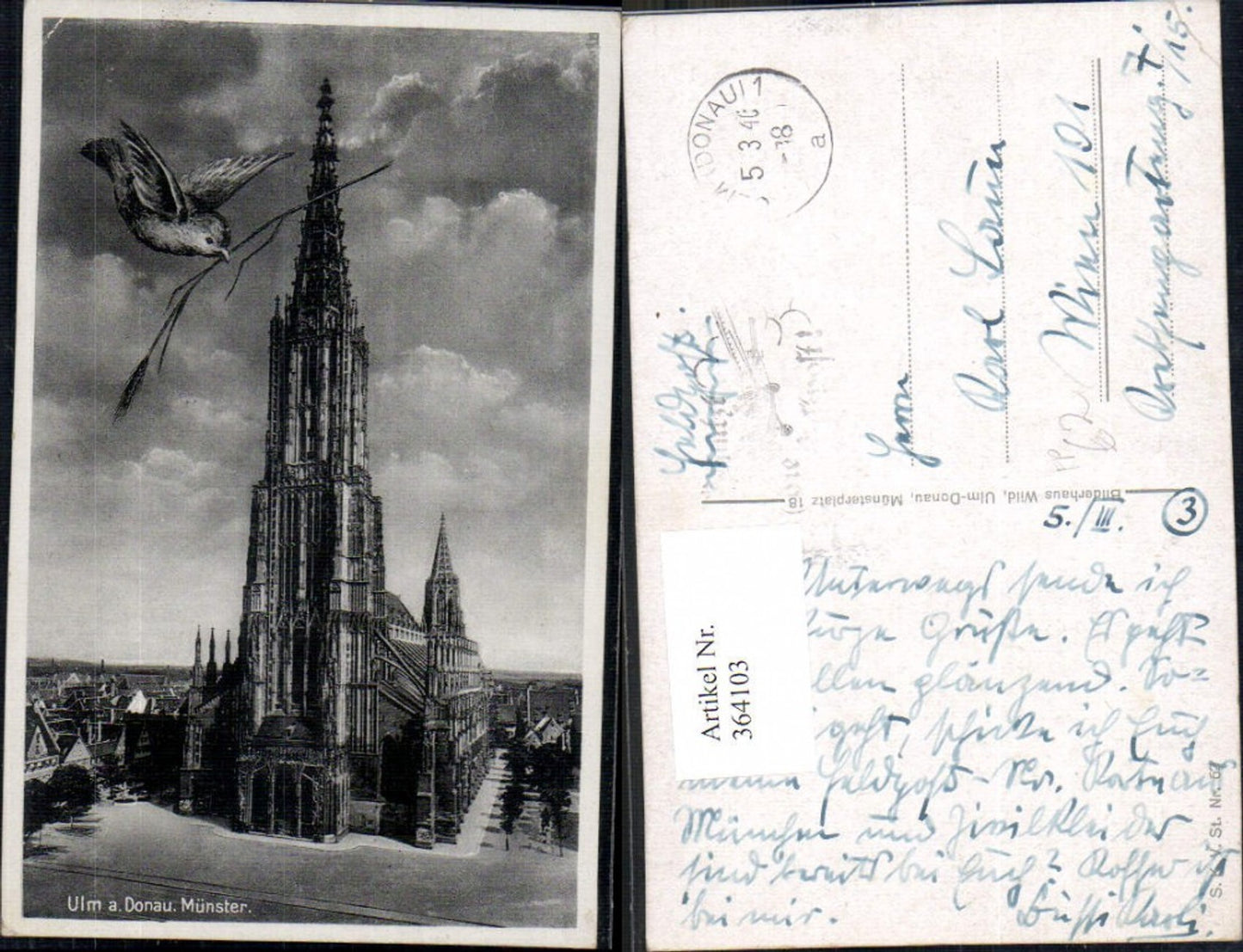 364103,Fotomontage Kirche Ulm a. d. Donau Münster Vogel Getreideähre Feldpost