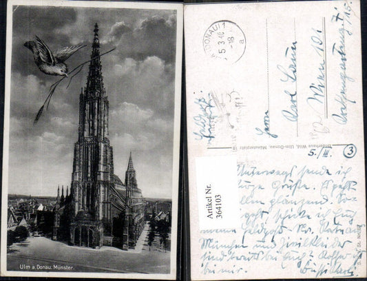 364103,Fotomontage Kirche Ulm a. d. Donau Münster Vogel Getreideähre Feldpost