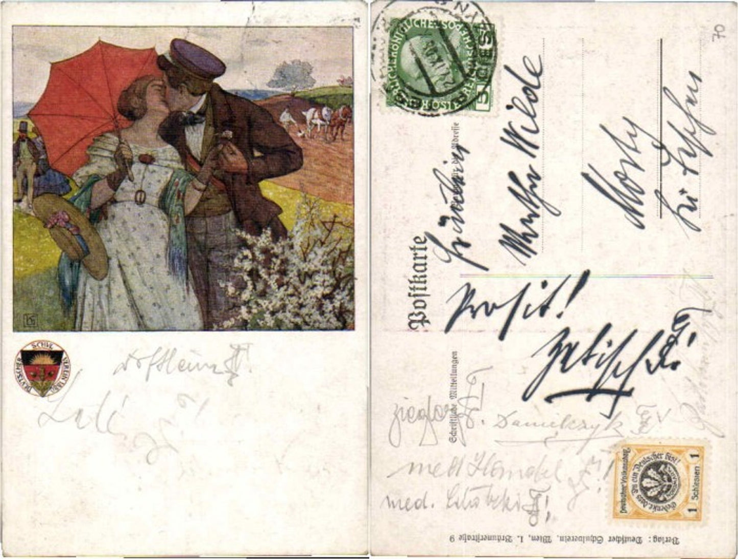 62904,Dt Schulverein Paar küsst sich Kuss Kainradl sig.