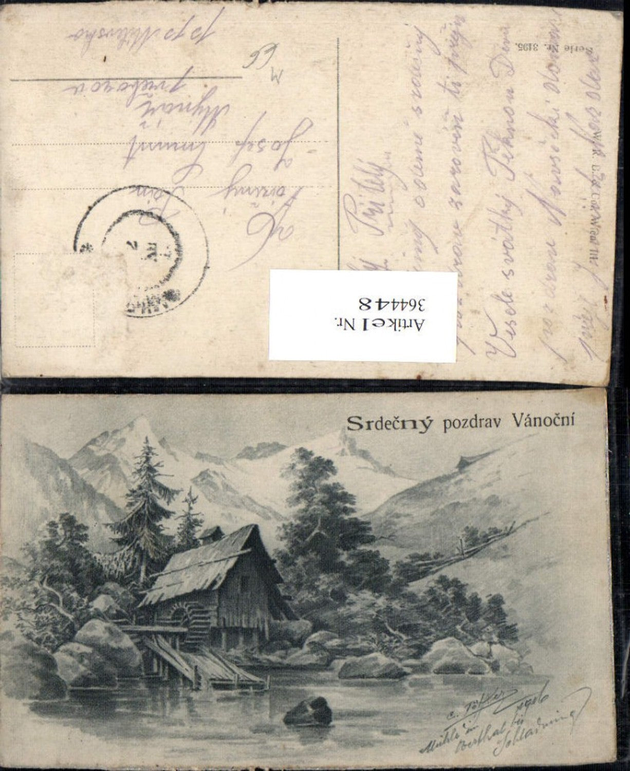 364448,Künstler Ak Wassermühle v. Bergkulisse Srdecny pozdrav Vanocni