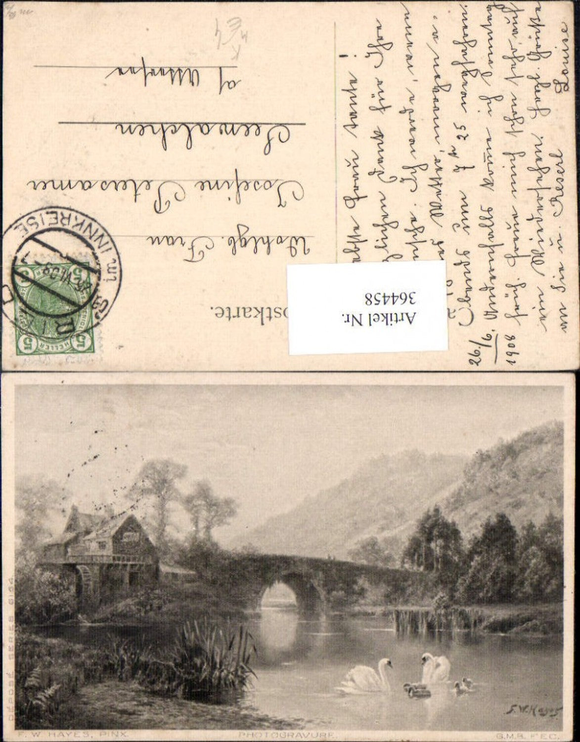 364458,Künstler Ak F. W. Hayes Wassermühle Schwäne Brücke