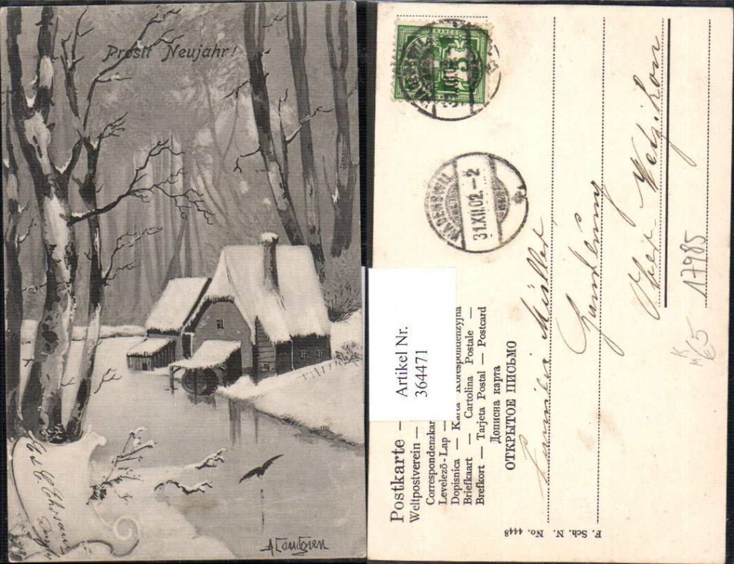 364471,Künstler Ak Wassermühle Winterlandschaft Winterwald Neujahr