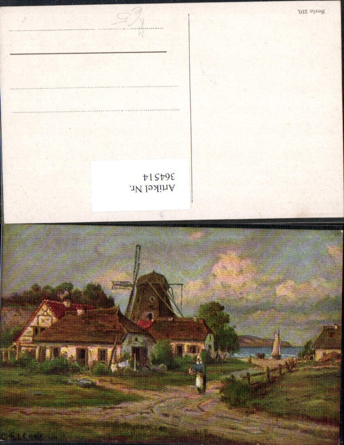 364514,Künstler Ak Windmühle Frau Dorf Landschaft