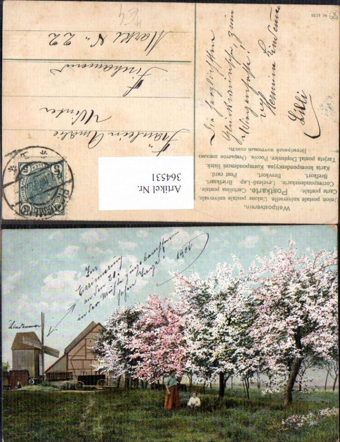 364531,Windmühle Frau m. Kin Baumblüte Landschaft