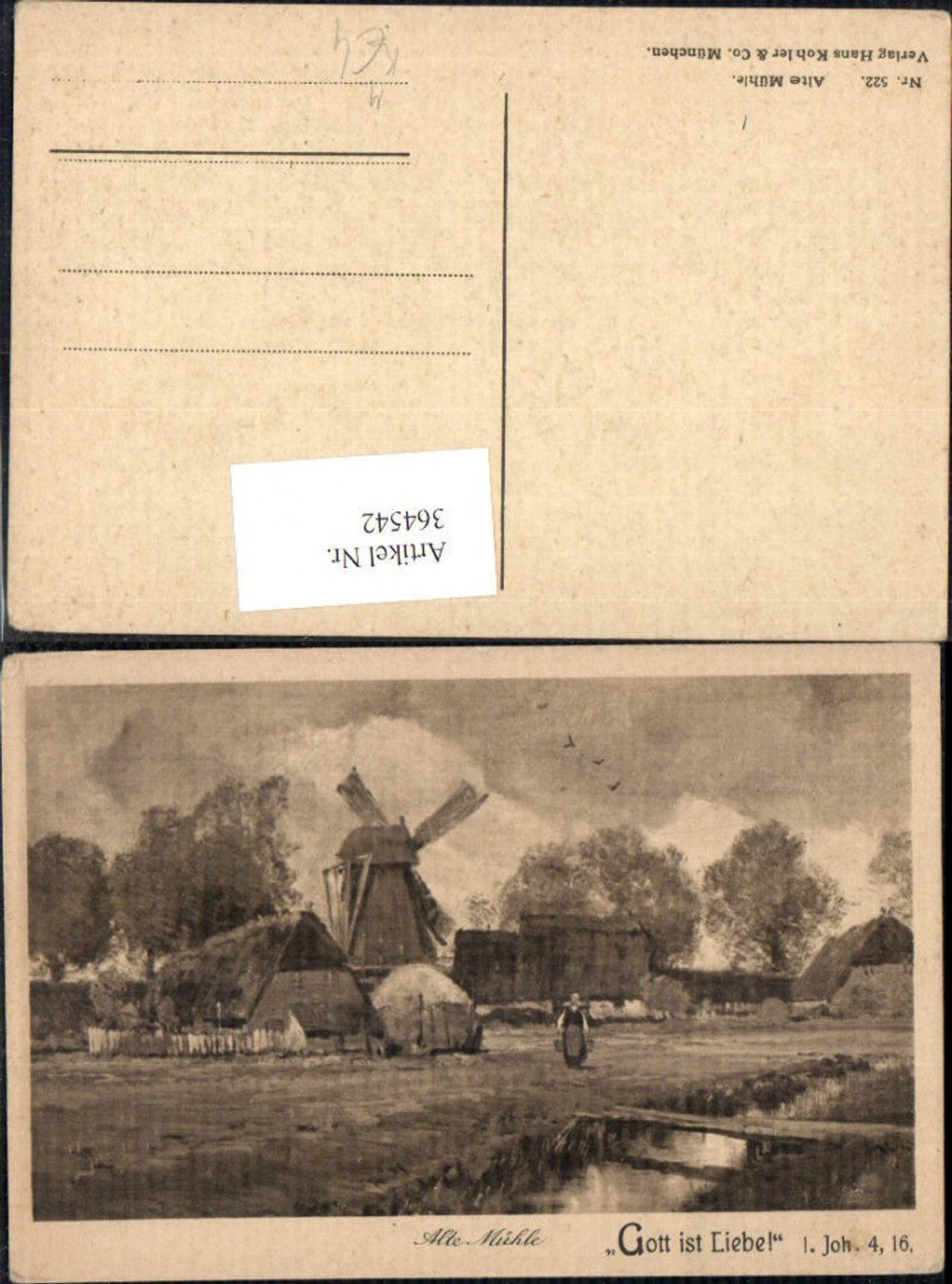 364542,Künstler Ak Windmühle Alte Mühle Brücke Frau Wasserträgerin