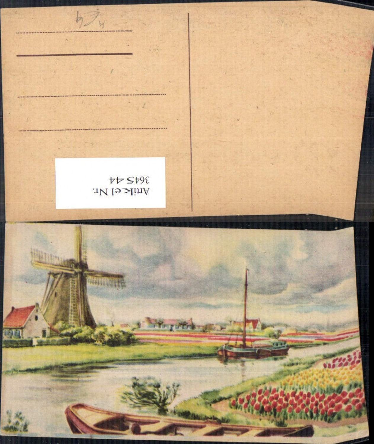 364544,Künstler Ak Windmühle Segelboot Boot Tulpenfeld
