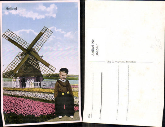 364547,Windmühle Blumen Bub Junge i. Vordergrund Tracht Holland