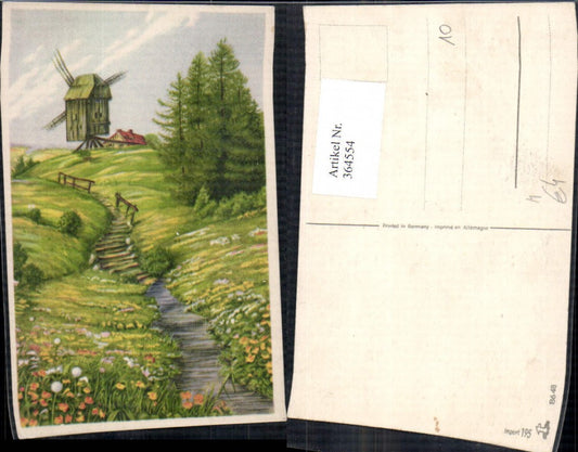 364554,Künstler Ak Windmühle Landschaft Blumenwiese