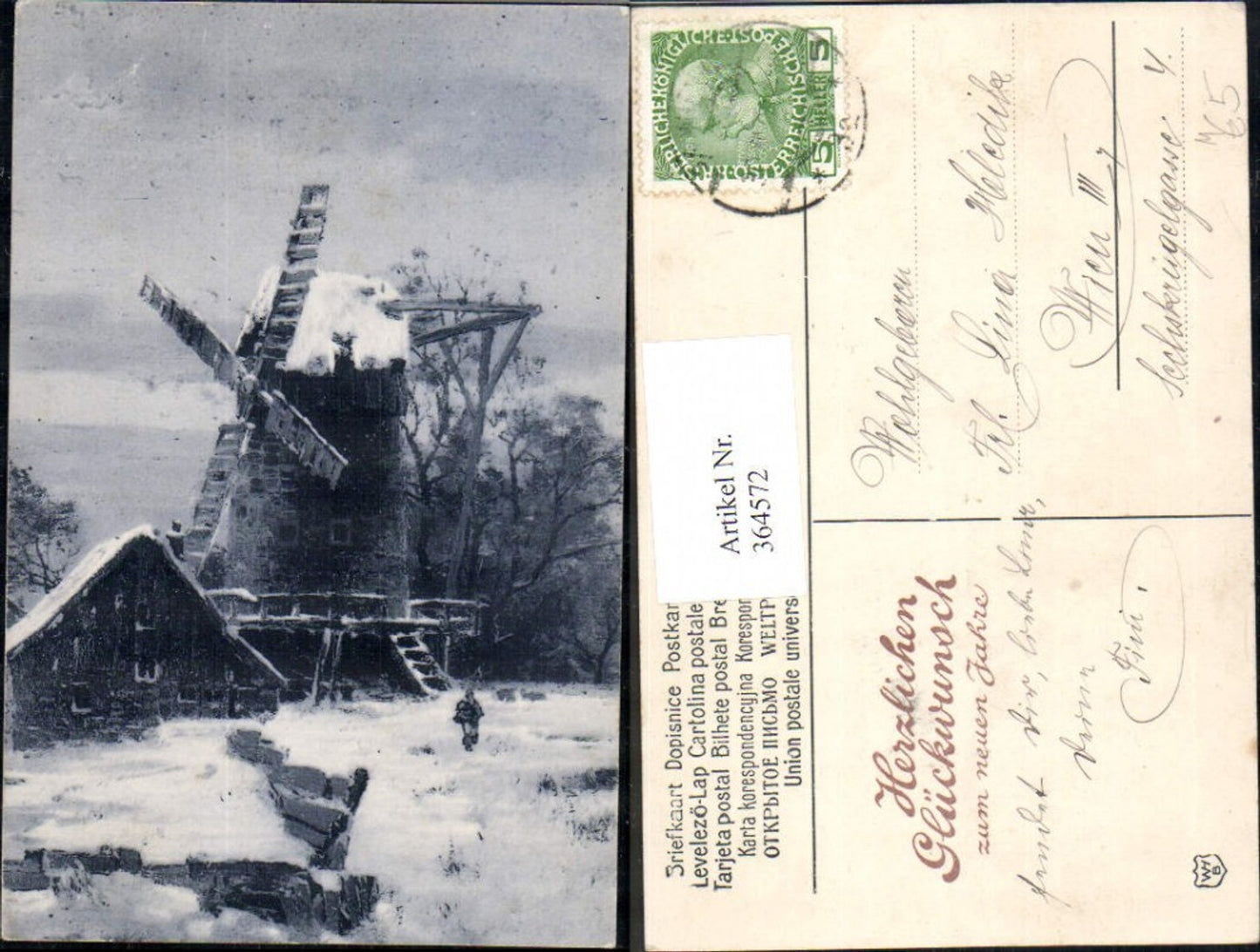 364572,Künstler Ak Windmühle Haus Gebäude Winterlandschaft