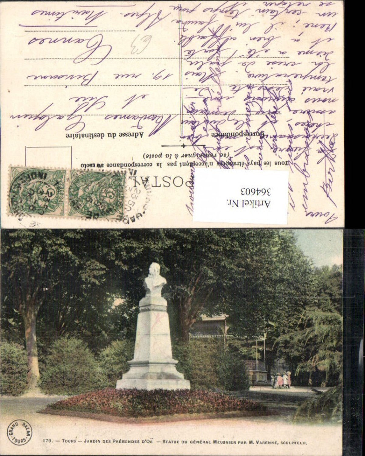 364603,Statue Tours Jardin des Prebendes d Oe Statue du general Meusnier par M. Varenne Sculpteur