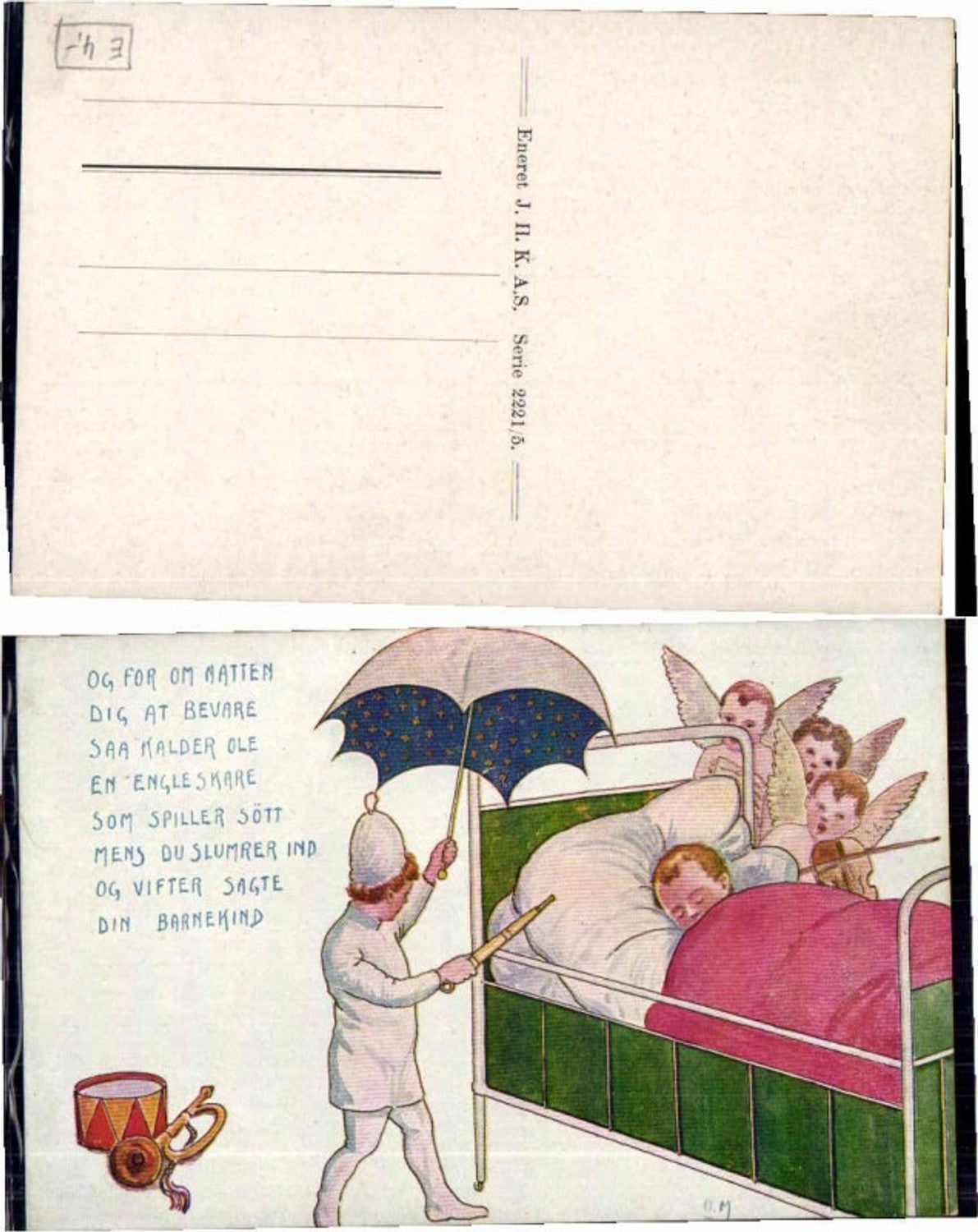 63317,Kind schläft Bett Engel Mann m Schirm Karikatur