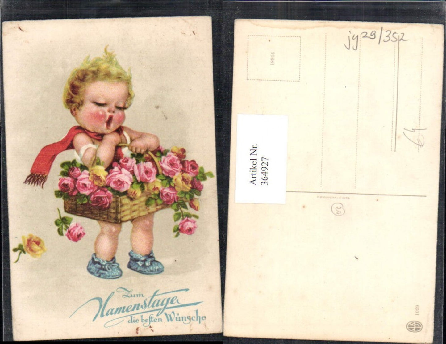 364927,Künstler Ak Kind Mädchen Korb m. Blumen Rosen Namenstag