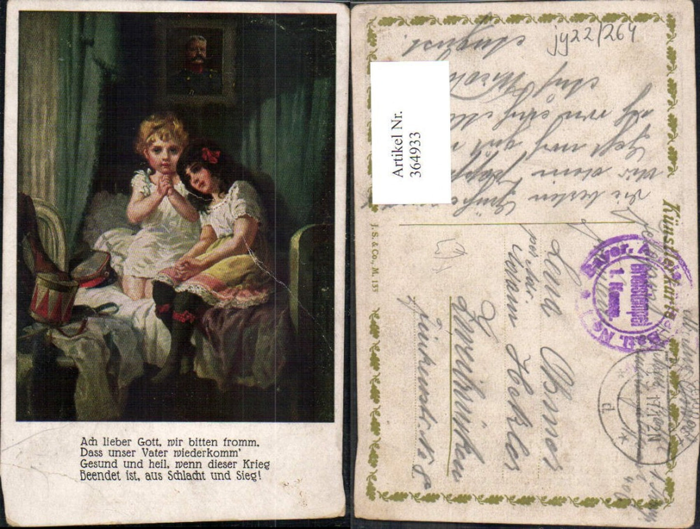 364933,Künstler Ak Kinder Mädchen beten i. Bett Text Gebet