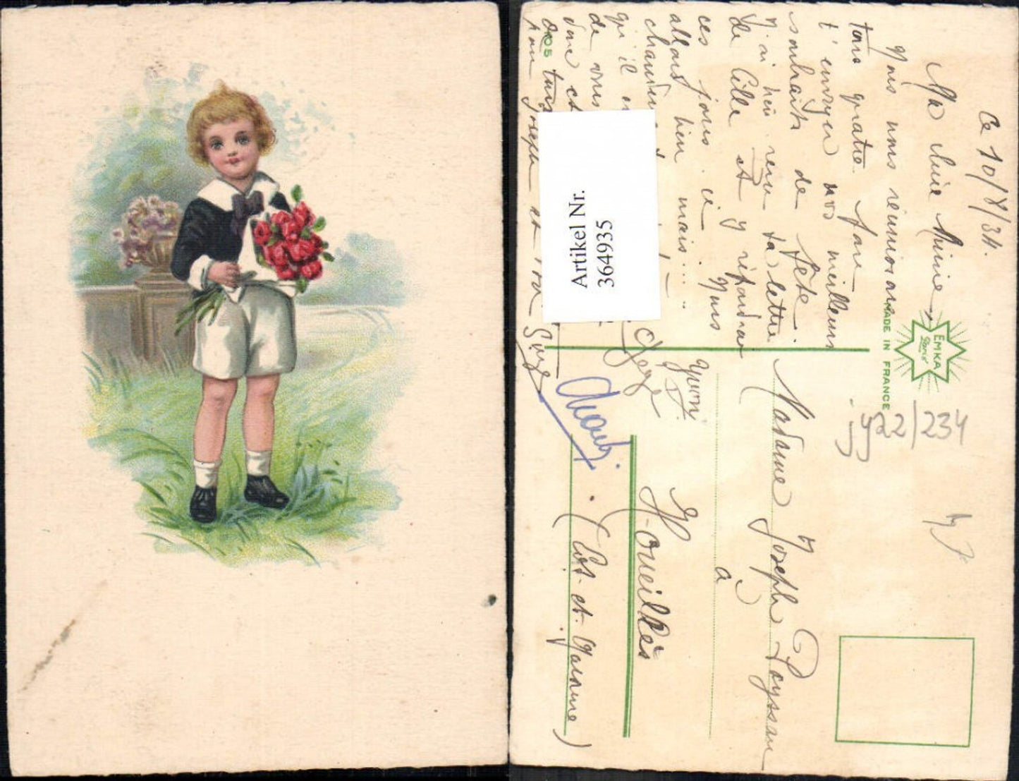 364935,Künstler Ak Kind Junge Bub Uniform Blumenstrauß Rosen