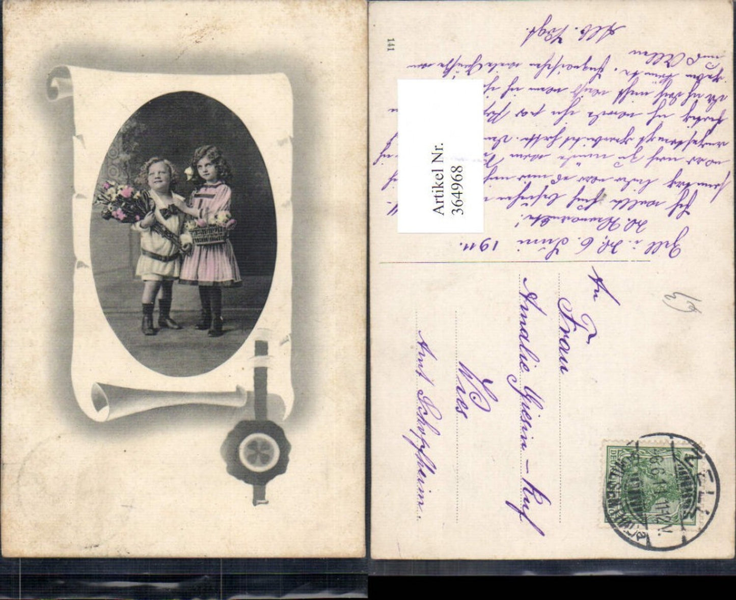 364968,Kinder Uniform Kleider Blumen i. Korb Strauß Passepartout Papierrolle