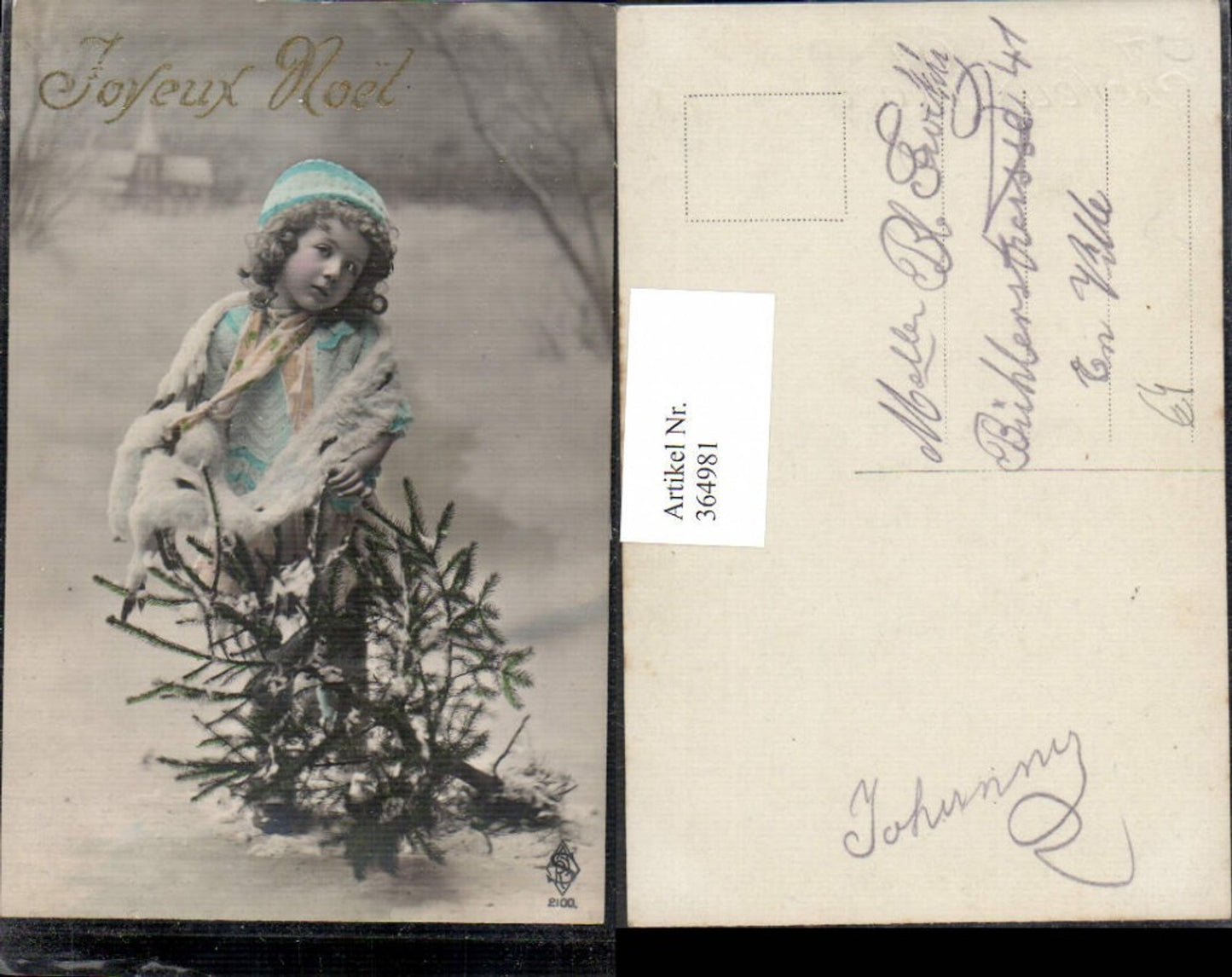 364981,Kind Mädchen Pelzstola Pelz Hut Tannenbaum Joyeux Noel Goldschrift
