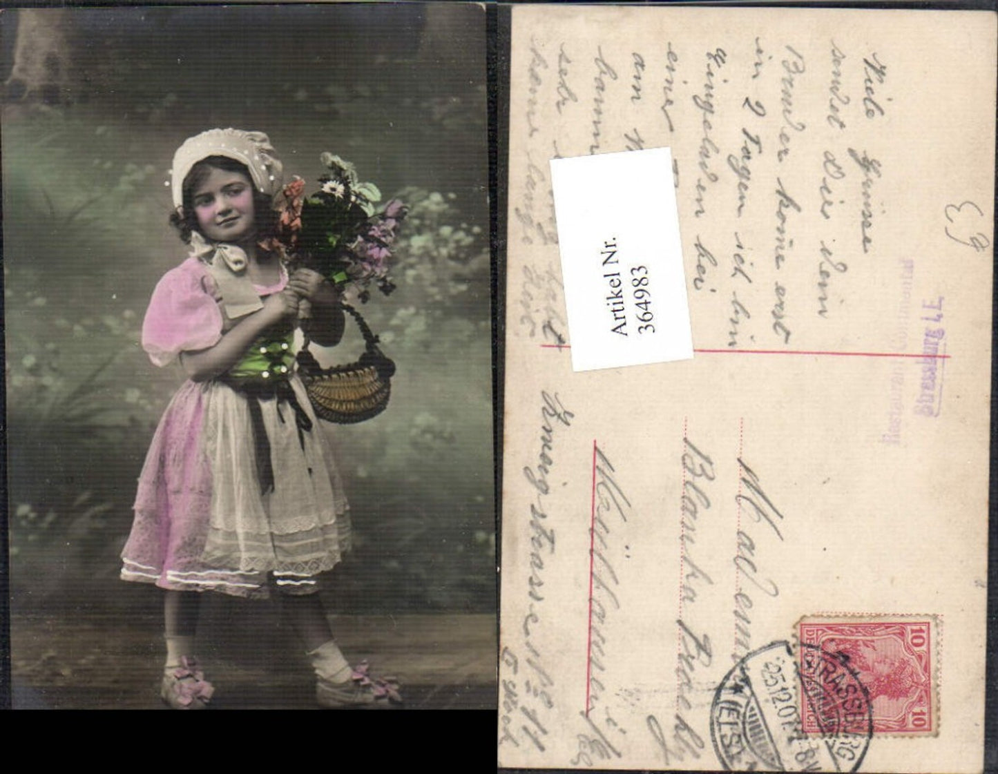 364983,Kind Mädchen Haube Kleid Dirndl Korb Blumenstrauß