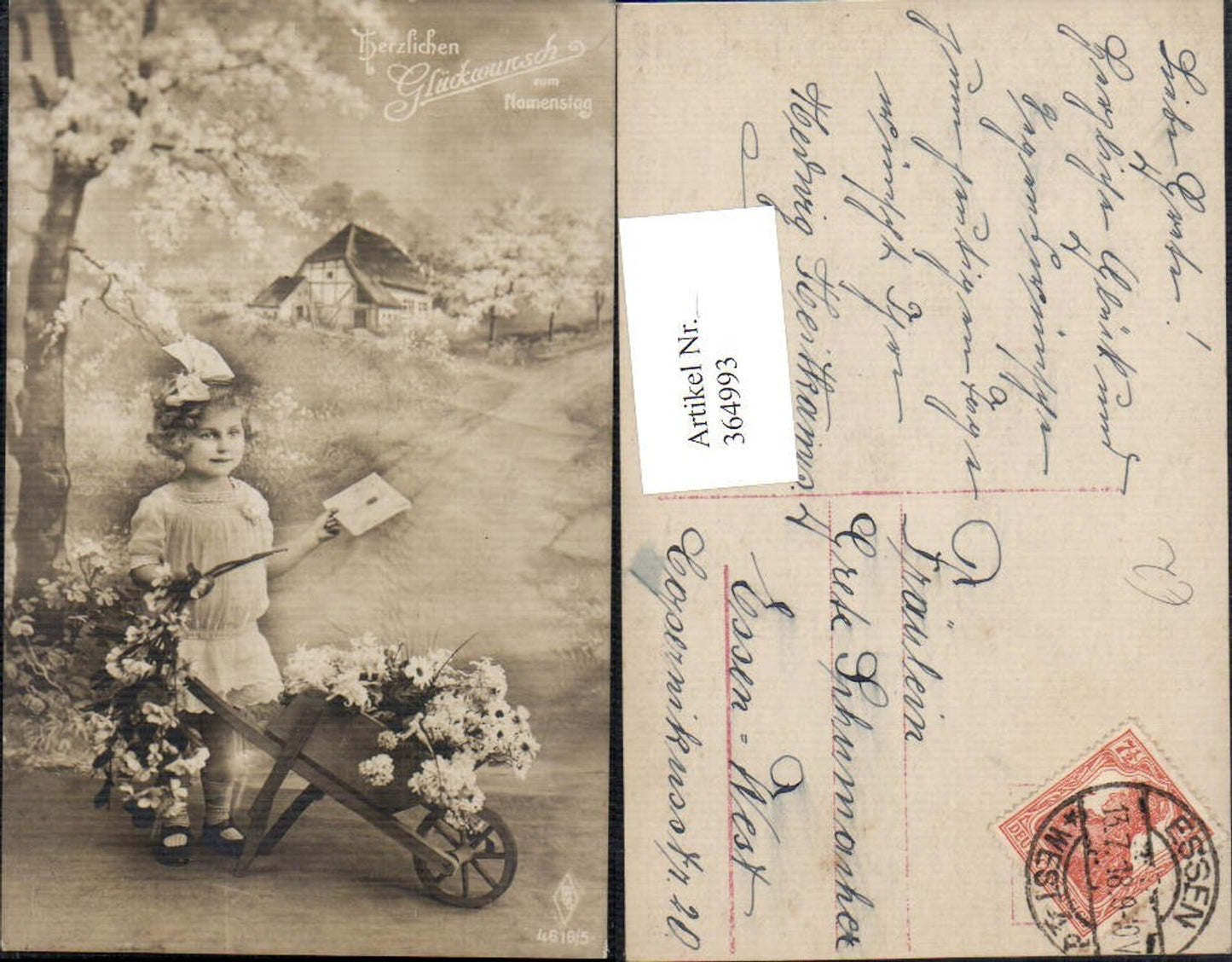 364993,Kind Mädchen Haarschleife Kleid Scheibtruhe Blumen Schubkarre Briefkuvert Namenstag