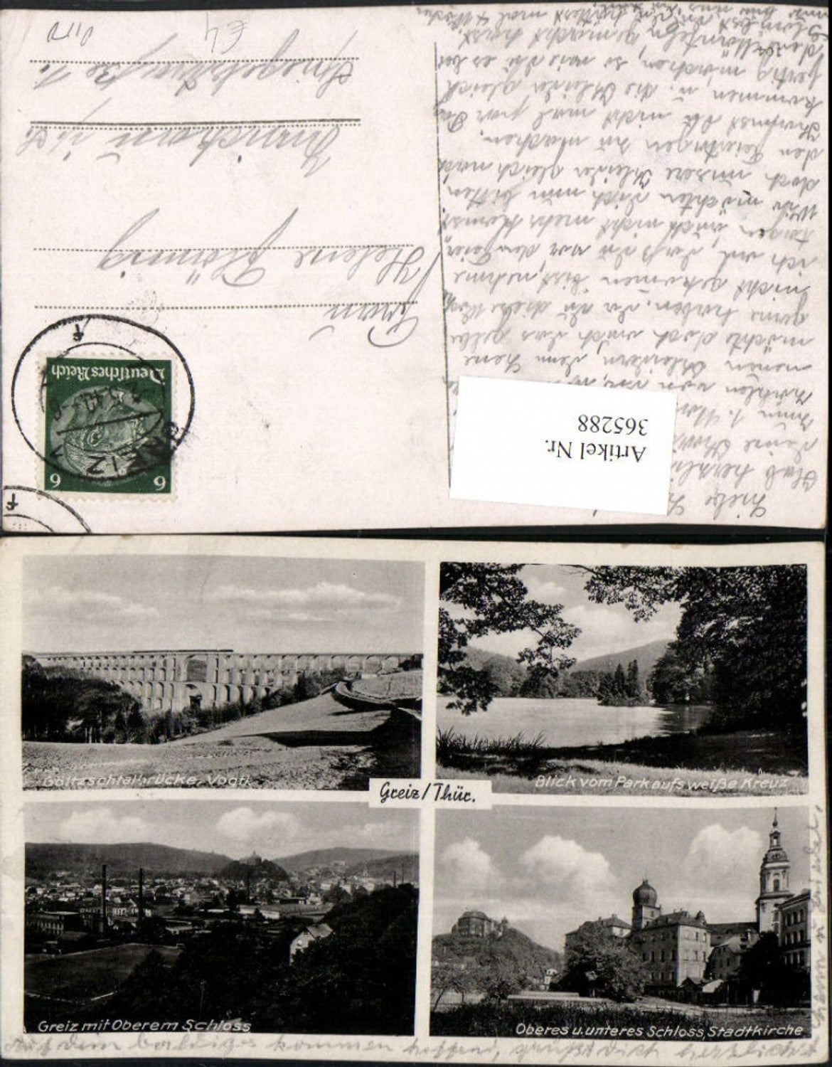 365288, Greiz: Overview of Upper and Lower Castle, Town Church, Bridge, Multi-view postcard
